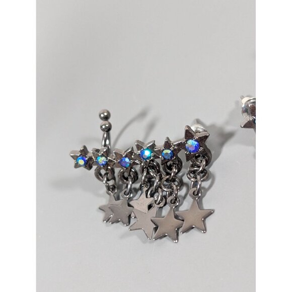 Gray Metallic Star Charm Rhinestone Ear Climber Cuff Pierced Celestial Goth - Picture 3 of 6
